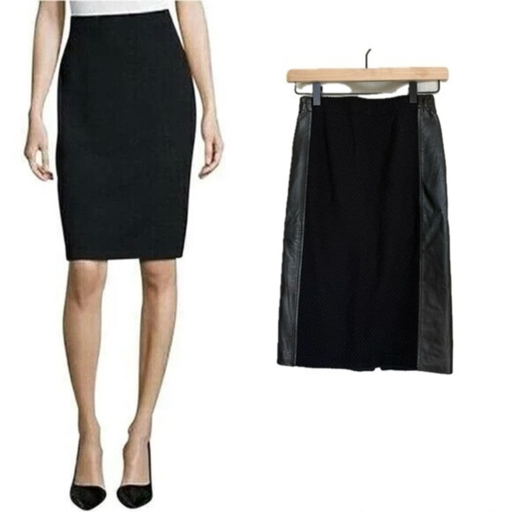 St. John Wool Blend Leather Black Bodycon Knee Skirt Petite XS